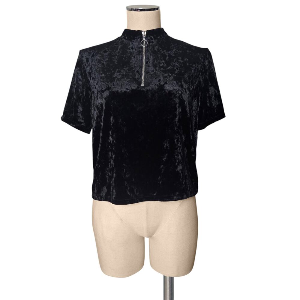 Vintage Y2K DIVIDED black Zip Neck Stretchy Velvet Top Shirt Blouse S